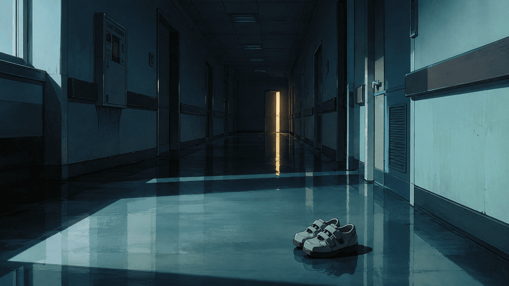 걸음이 느린 아이 — 빈 병원 복도, 작은 신발 한 켤레