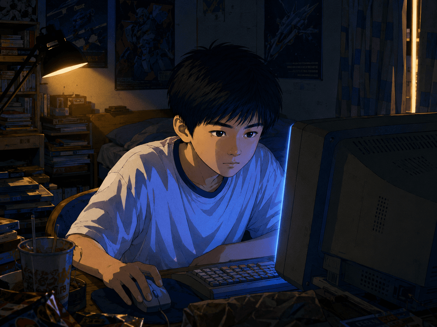 방 안의 3년 — 어두운 방, 모니터 빛, 창 너머 빛줄기