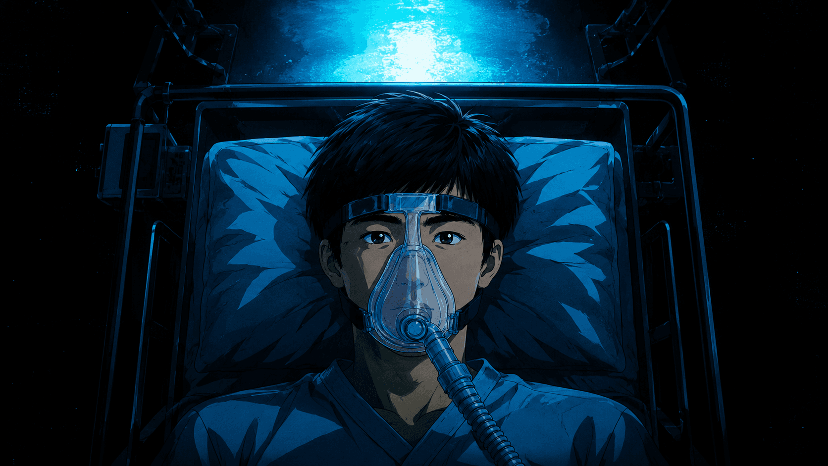 죽음의 문턱에서 — 천장을 보는 시점, 빛 번지는 글로시
